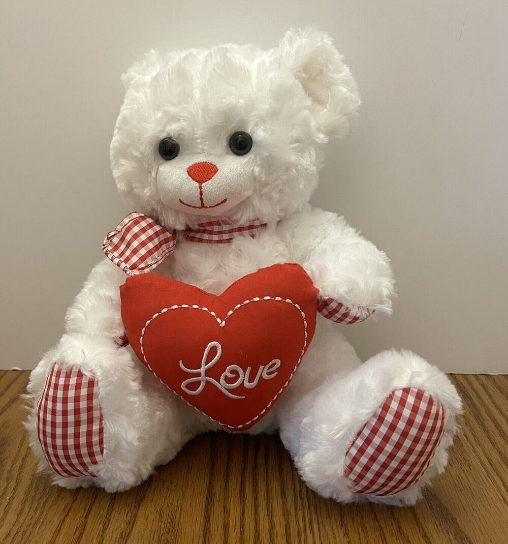 Burton + Burton White Plush Bear with Red Checked Accents Holding Heart 10 Inch